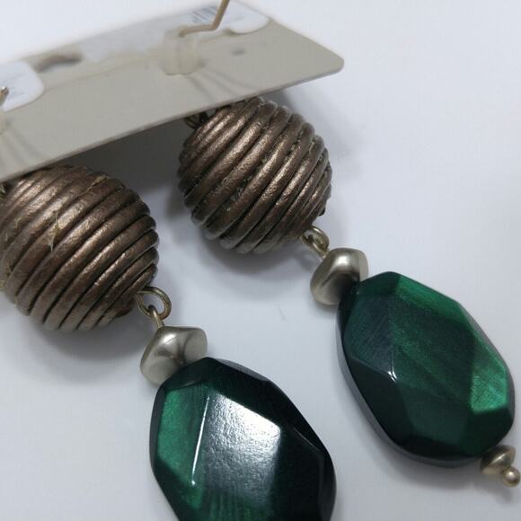 Chico's Bronze and Green Lucite Drop Bead Earrings, 2 1/4 Inches, New On Card - Picture 6 of 9